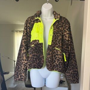 Free people Leopard Print Sherpa Jacket with Neon Trim XS preowned